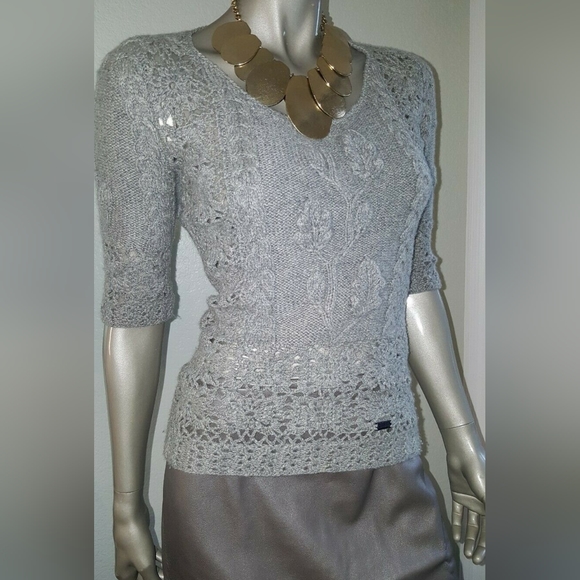 *$2,200 OSCAR DE LA RENTA GREY CASHMERE RUNWAY HAND KNIT BLOUSE S - Picture 5 of 9